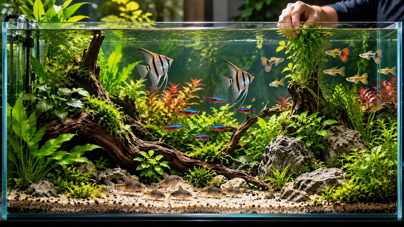 Aquarium planté avec poissons, illustration de l’aquariophilie