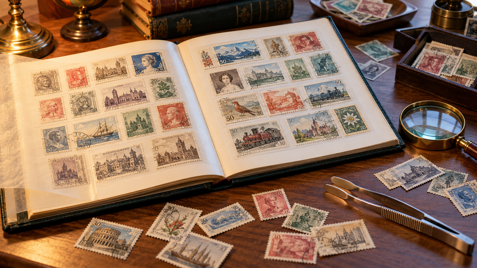 Album et collection de timbres, illustration de la philatélie