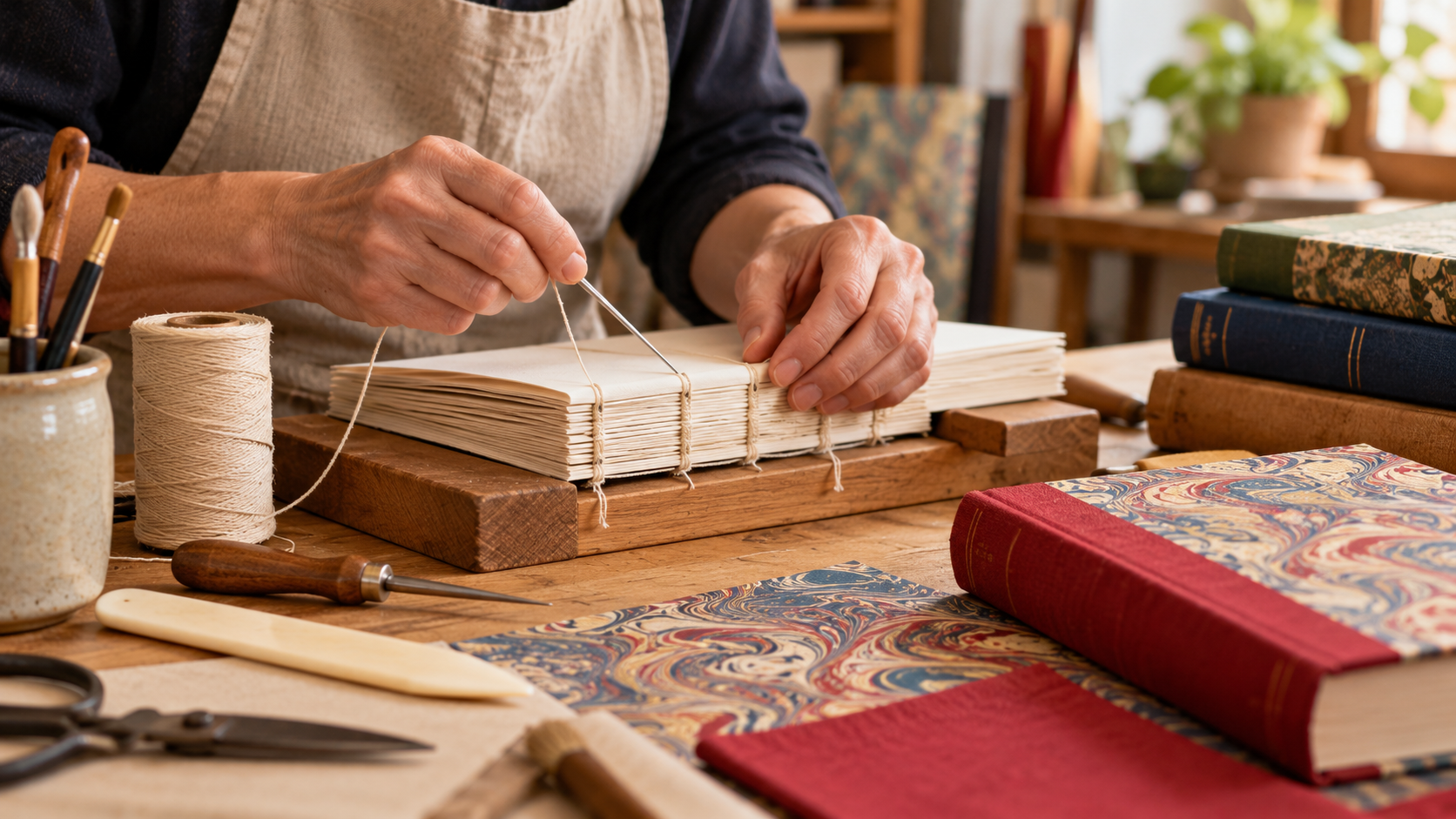 Couture et assemblage d’un livre à la main, reliure de livres