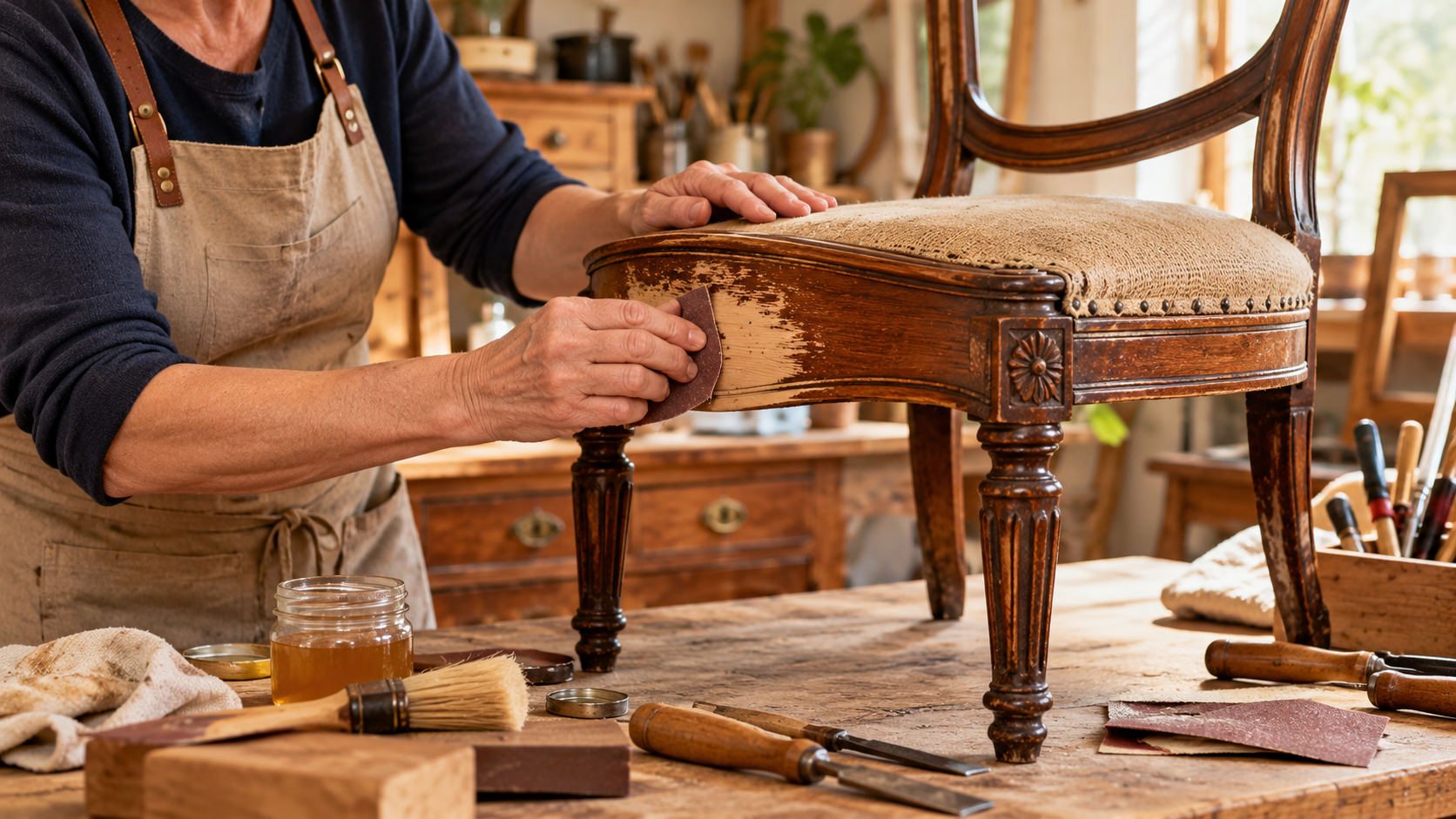 Travail du bois sur une chaise ancienne, restauration de meubles
